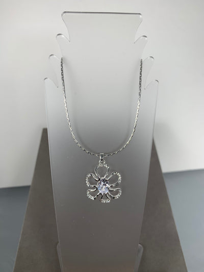 Silver Tone Crystal Flower Pendant Necklace