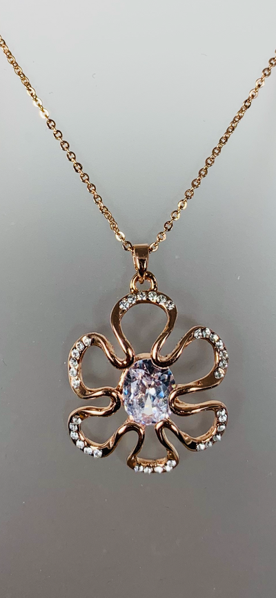 Rose Gold Tone Crystal Flower Pendant Necklace