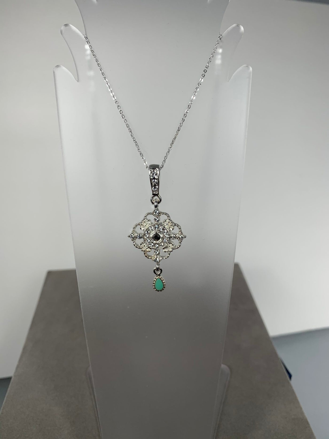 Silver Tone Rose "Vintage" Crystal Drop Pendant Necklace