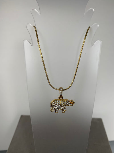 Yellow Gold Tone Elephant Crystal Pendant Necklace