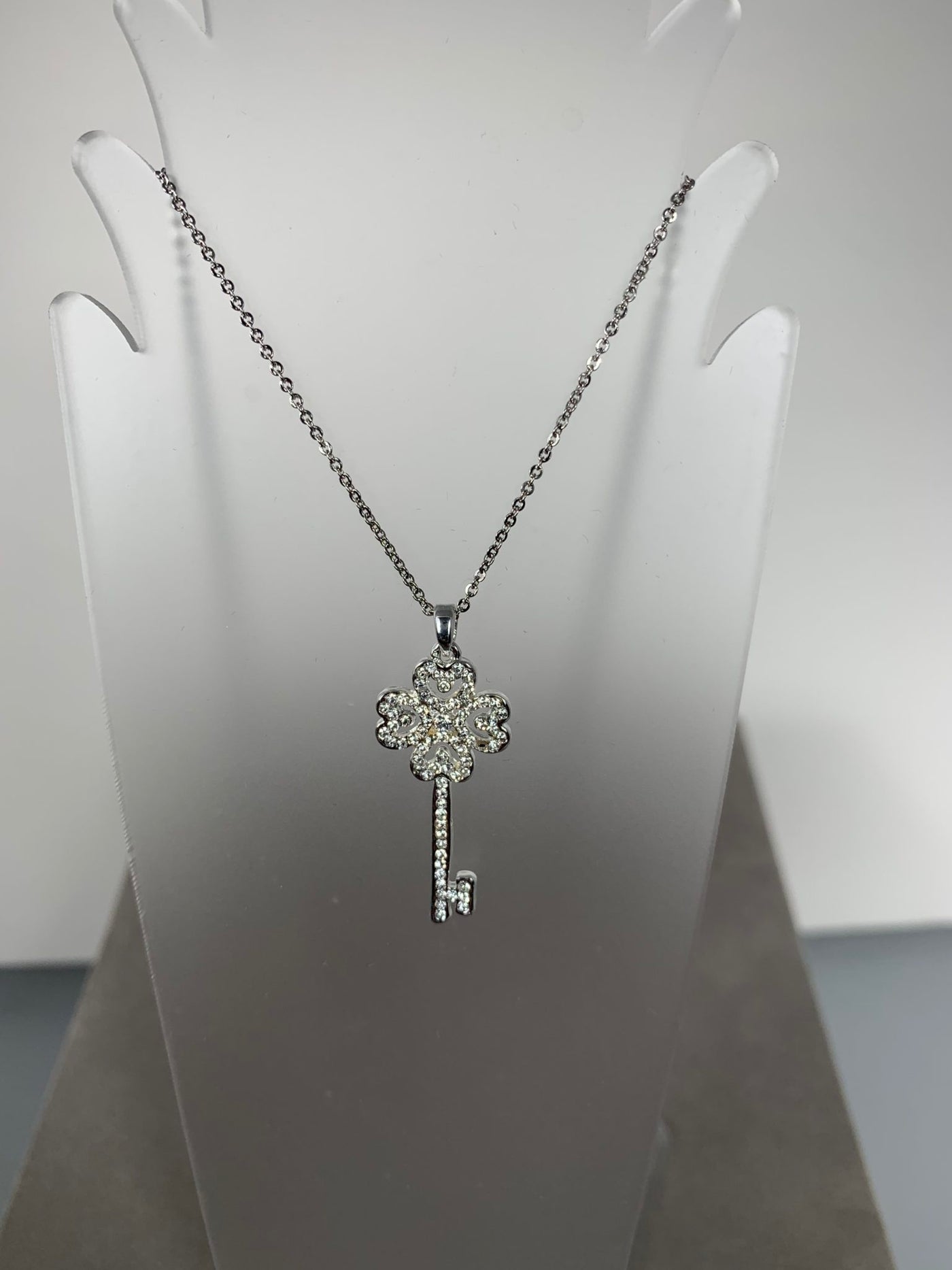 Silver Tone Crystal Key Pendant Necklace