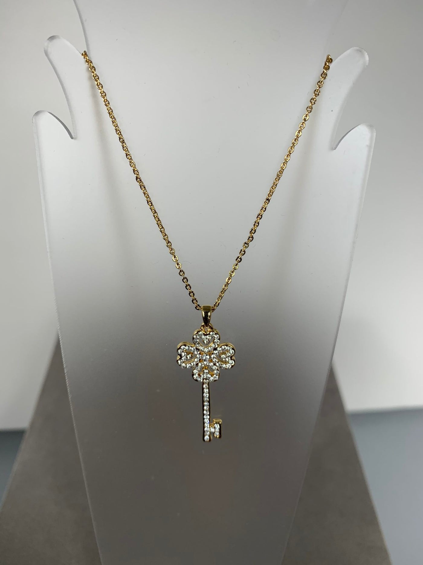 Yellow Gold Tone Crystal Key Pendant Necklace