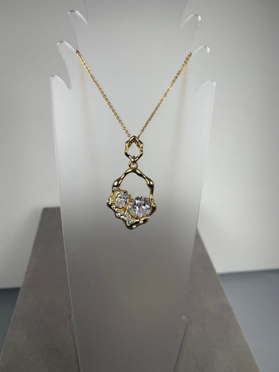Yellow Gold Tone Crystal Open Free Form Pendant Necklace