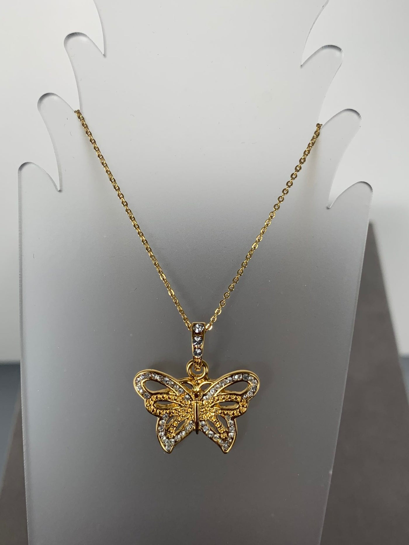 Yellow Gold Tone Crystal Butterfly Pendant Necklace