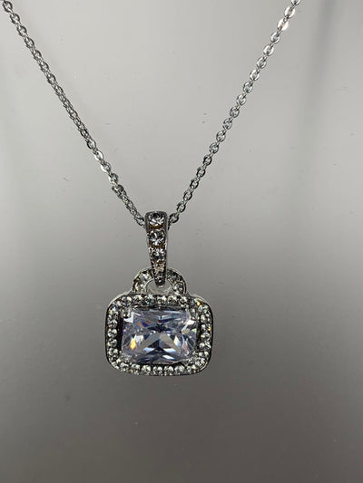 Silver Tone Crystal Rectangular Pendant Necklace