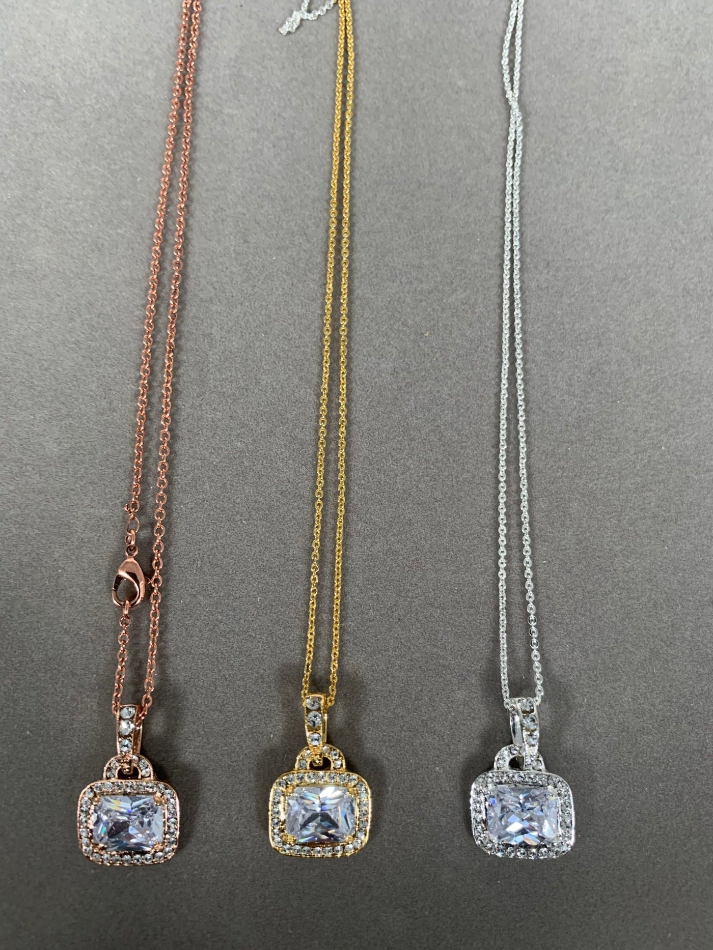 Rose Gold Tone Rectangular Crystal Pendant Necklace