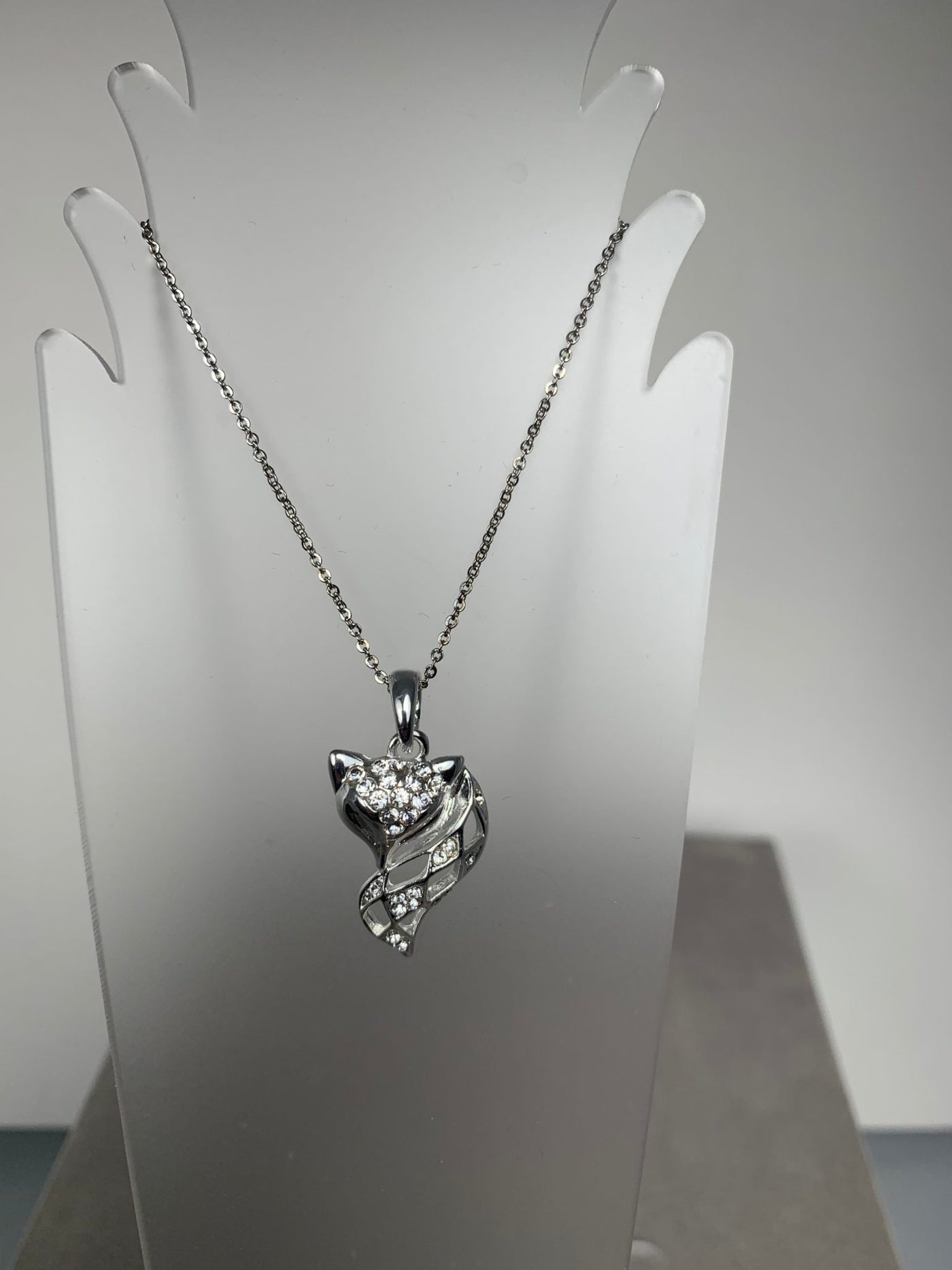 Silver Tone Crystal Fox Pendant Necklace