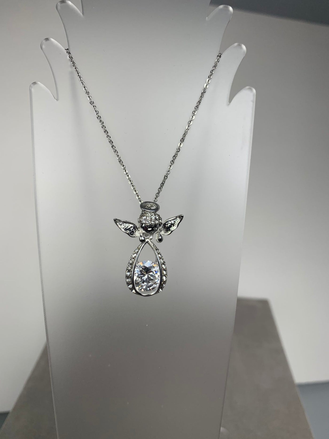 Crystal Angel Pendant Necklace in Silver Tone