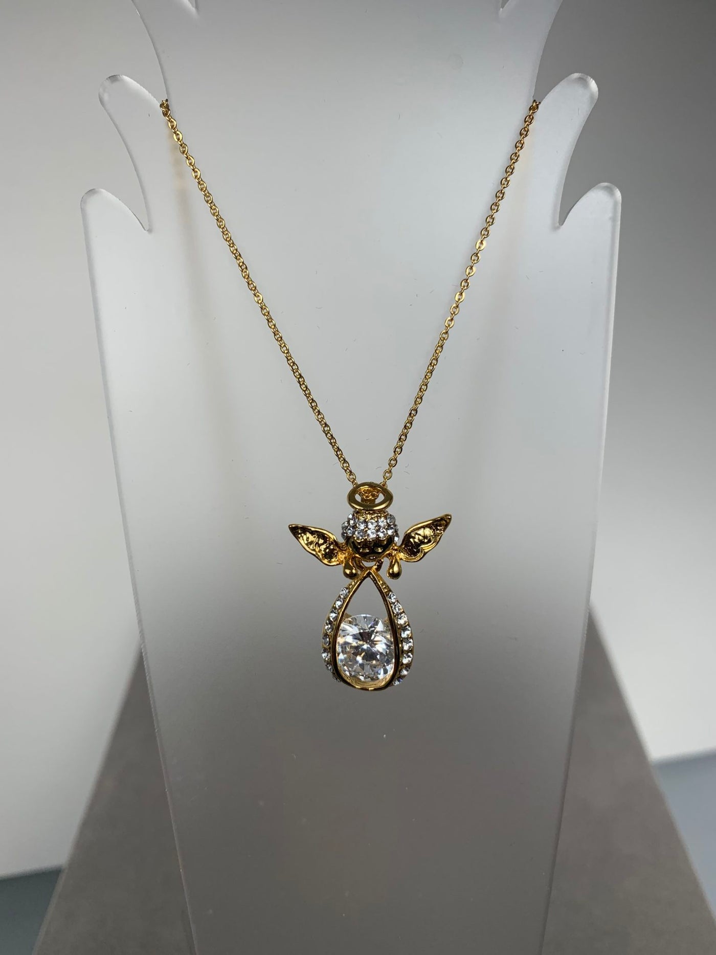 Crystal Angel Pendant Necklace in Yellow Gold Tone