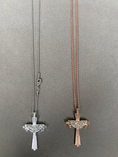 Silver Tone Ornate Crystal Cross Pendant Necklace