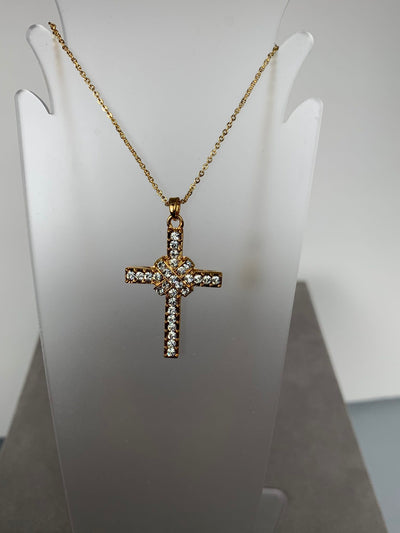 Yellow Gold Tone Crystal Cross Pendant Necklace