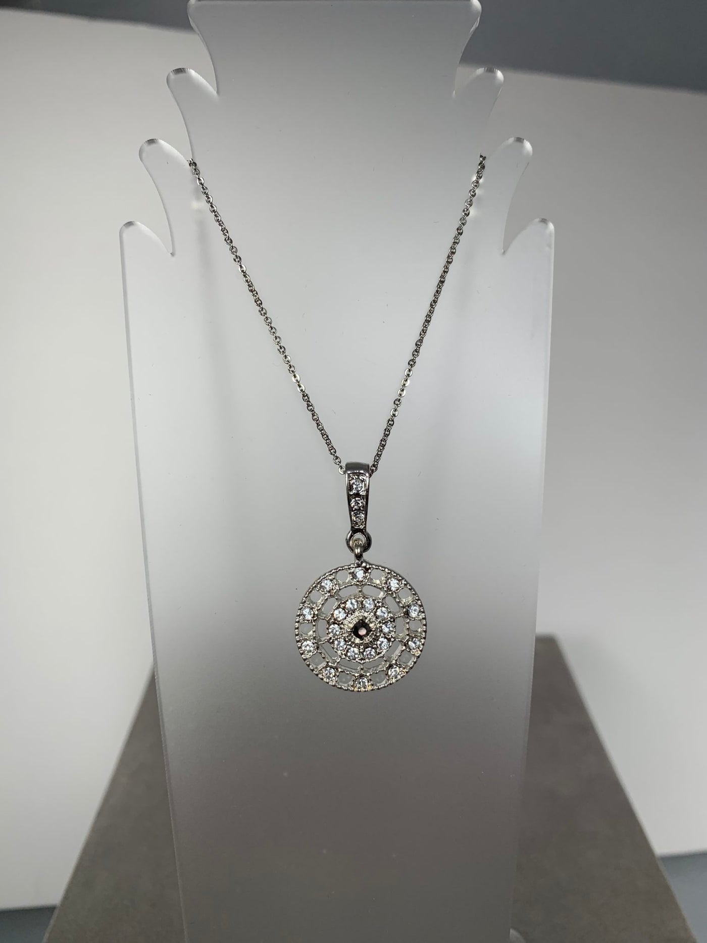 Silver Tone Crystal Round Medallion Pendant Necklace