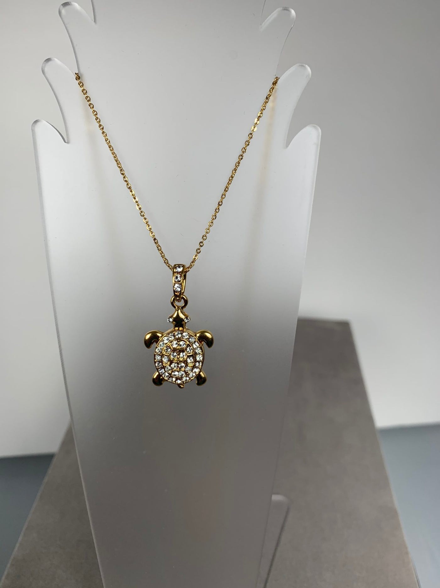 Yellow Gold Tone Crystal Turtle Pendant Necklace