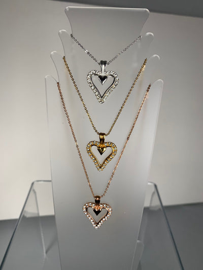 Rose Gold Tone Crystal Heart Pendant and Chain Necklace Set