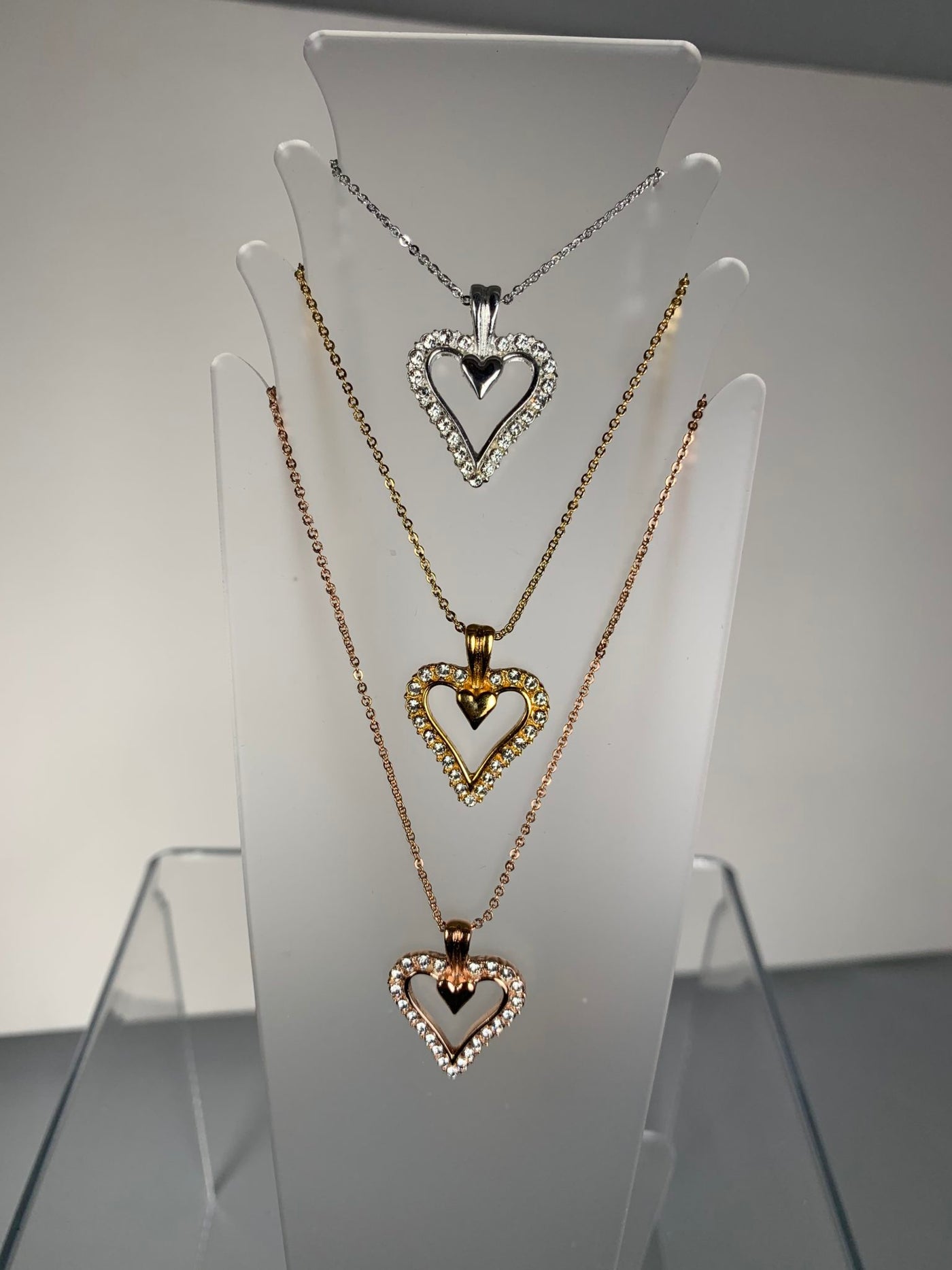 Silver Tone Crystal Heart Pendant and Chain Necklace Set