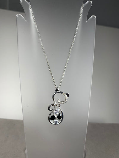 Cat Pendant and Chain Necklace in Silver Tone and Crystals