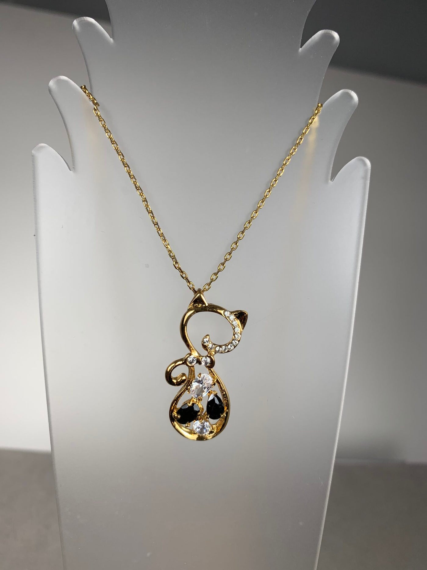 Cat Pendant and Chain Necklace in Yellow Gold Tone and Crystals