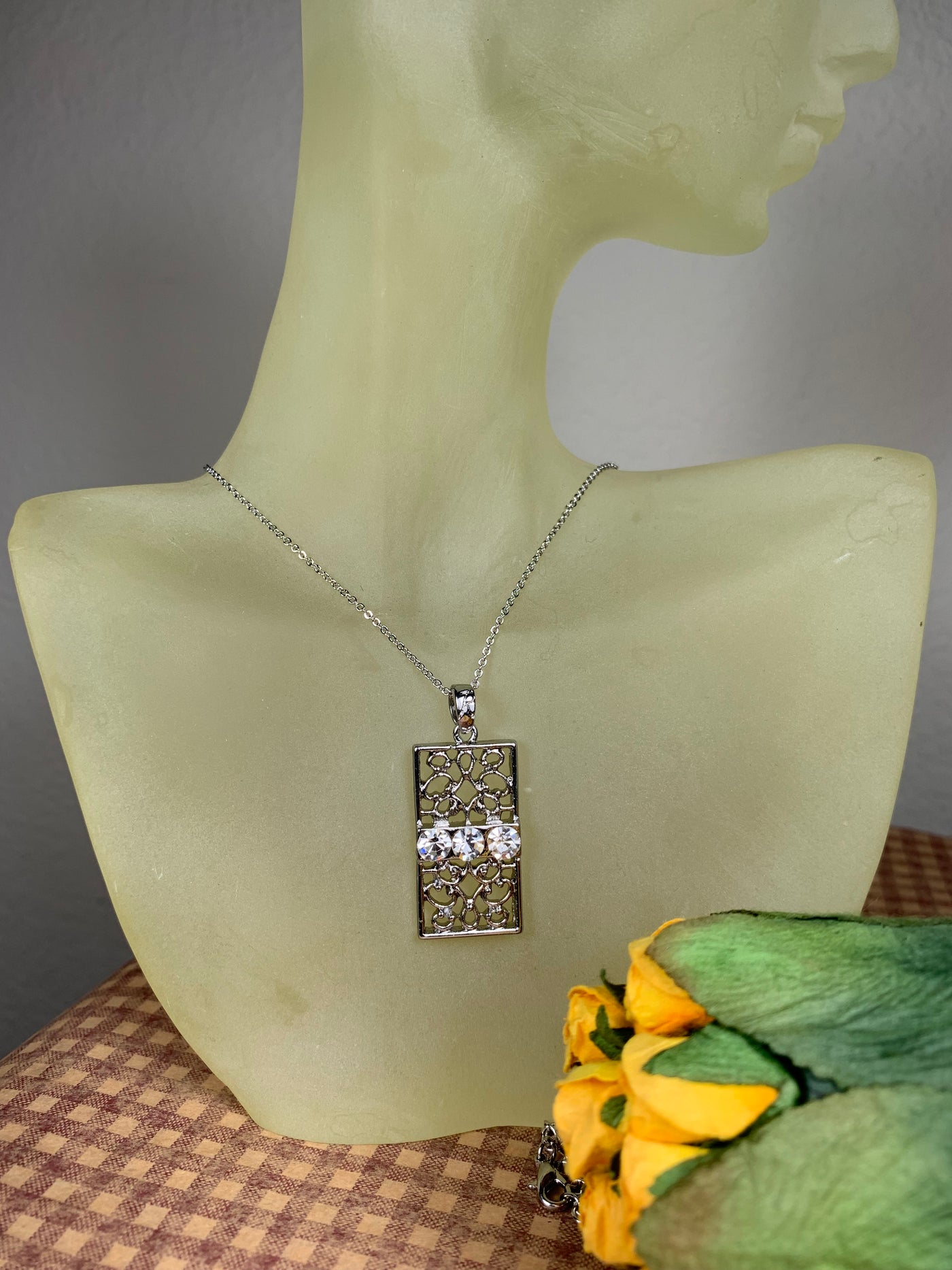 3 Brillian Crystal Rectangular Filigree Plate Necklace in Silver and Gold Tone