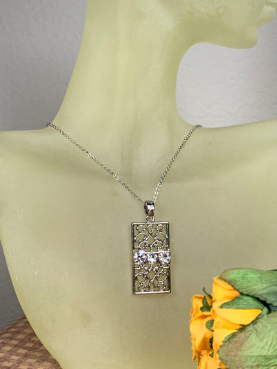 3 Brillian Crystal Rectangular Filigree Plate Necklace in Silver and Gold Tone