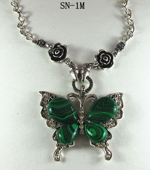Silver tone Necklace with Green Malachite Butterfly Pendant