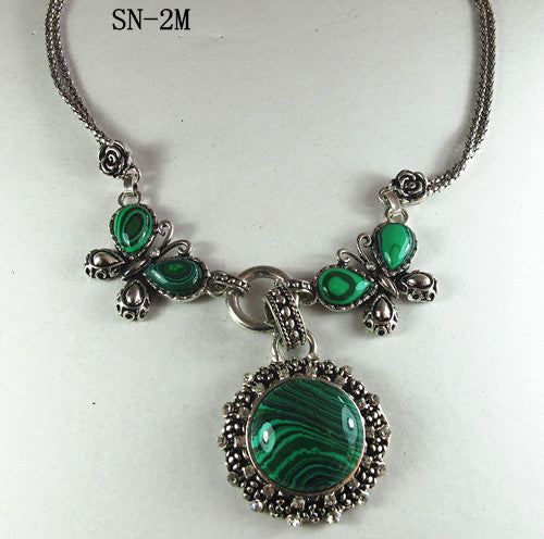 Silver Tone Necklace with Round Green Howlite Malachite Drop Pendant with Crystals