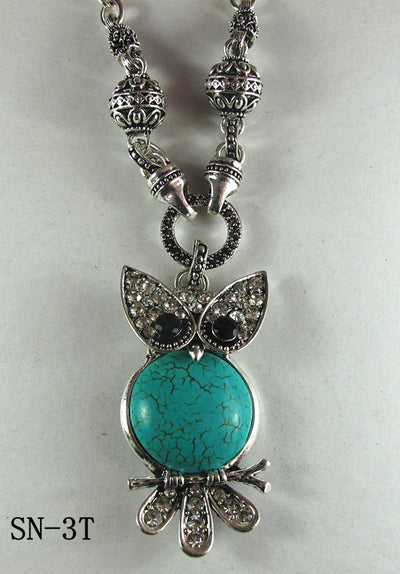 Silver Tone Necklace with Blue Howlite Turquoise Owl Necklace
