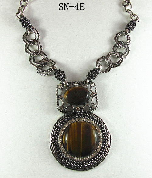 Silver Tone Necklace Decorated with Brown Tiger's Eye
