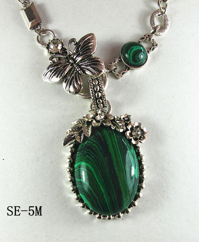 Silver Tone Necklace with an Ornate Oval Green Howlite Malachite Drop