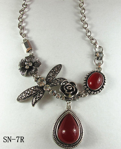 Silver Tone Howlite Red Agate Necklace Featuring Dragonfly
