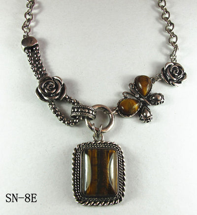 Silver Tone Necklace with a Rectangular Howlite Tiger Eye Drop