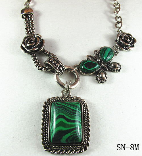 Silver Tone Necklace with a Rectangular Howlite Malachite Drop
