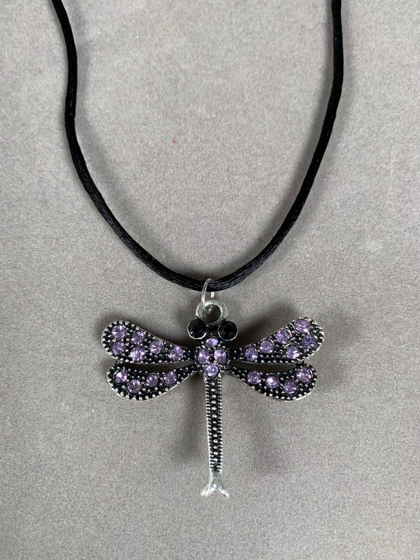 Gun Metal Finish and Purple Crystal Dragonfly Pendant