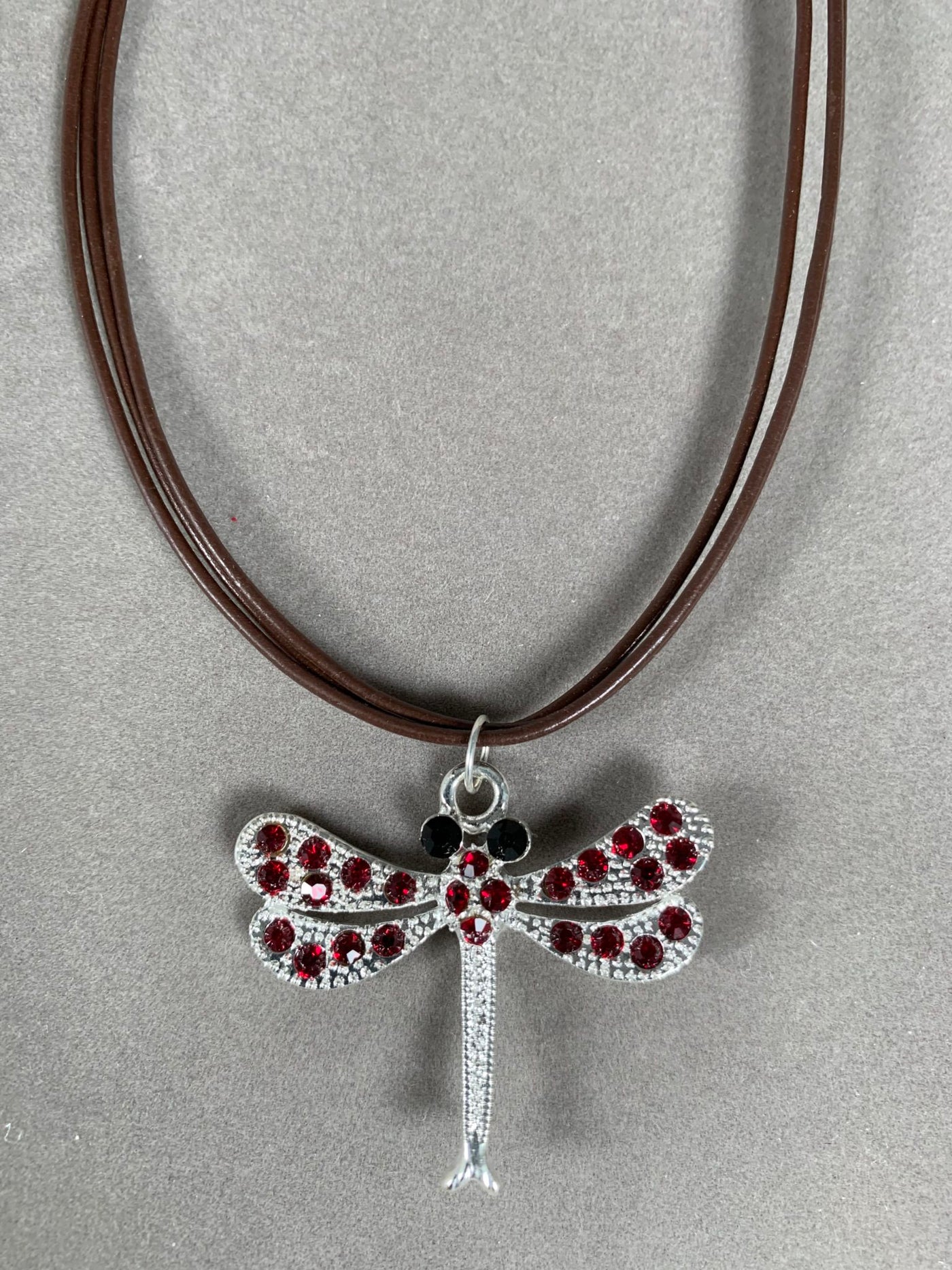 Silver Tone and Red Crystal Dragonfly Pendant