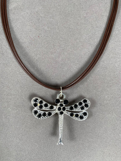 Silver Tone and Black Crystal Dragonfly Pendant