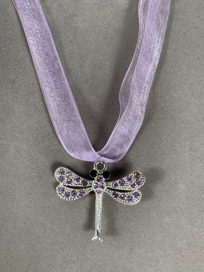 Silver Tone and Purple Crystal Dragonfly Pendant