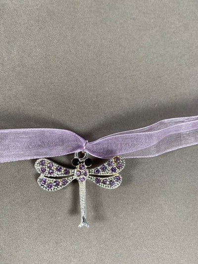 Silver Tone and Purple Crystal Dragonfly Pendant