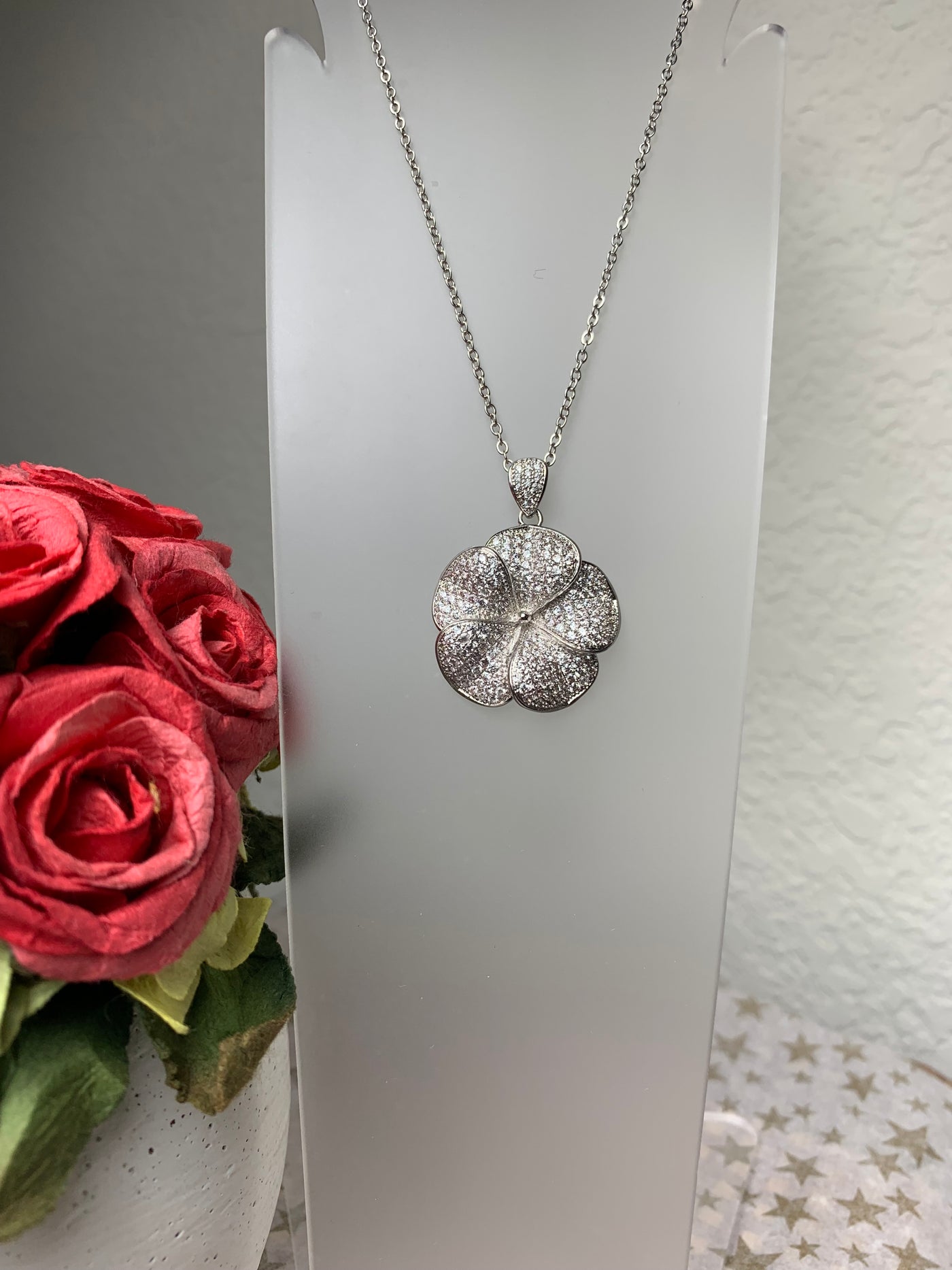 "Larger" Pave Set Cubic Zirconia Flower Pendant in Silver, Yellow and Rose Gold Tone