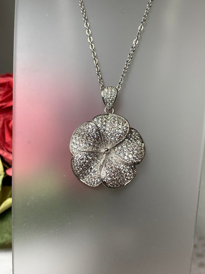 "Smaller" Pave Set Cubic Zirconia Flower Pendant in Silver, Yellow and Rose Gold Tone