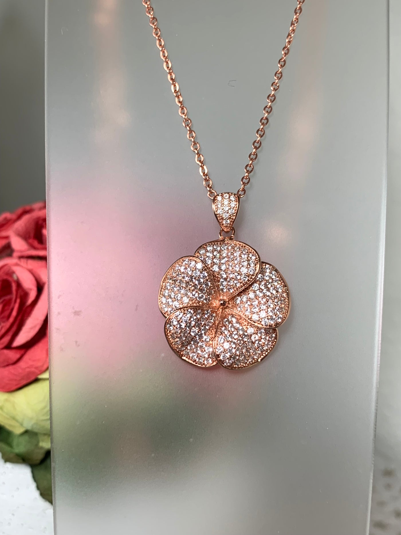 "Larger" Pave Set Cubic Zirconia Flower Pendant in Silver, Yellow and Rose Gold Tone