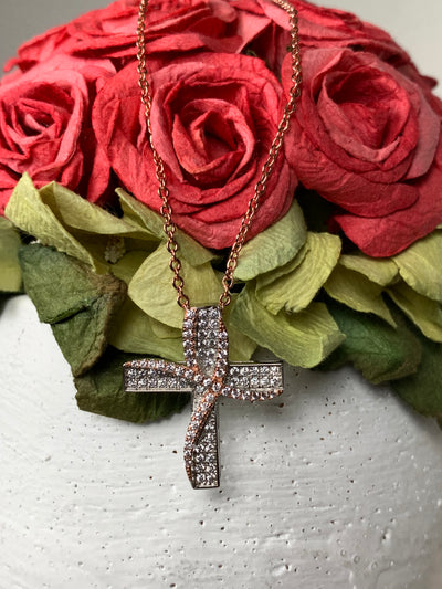 Rose Gold Tone Cross Pendant with Pave Set Cubic Zirconia
