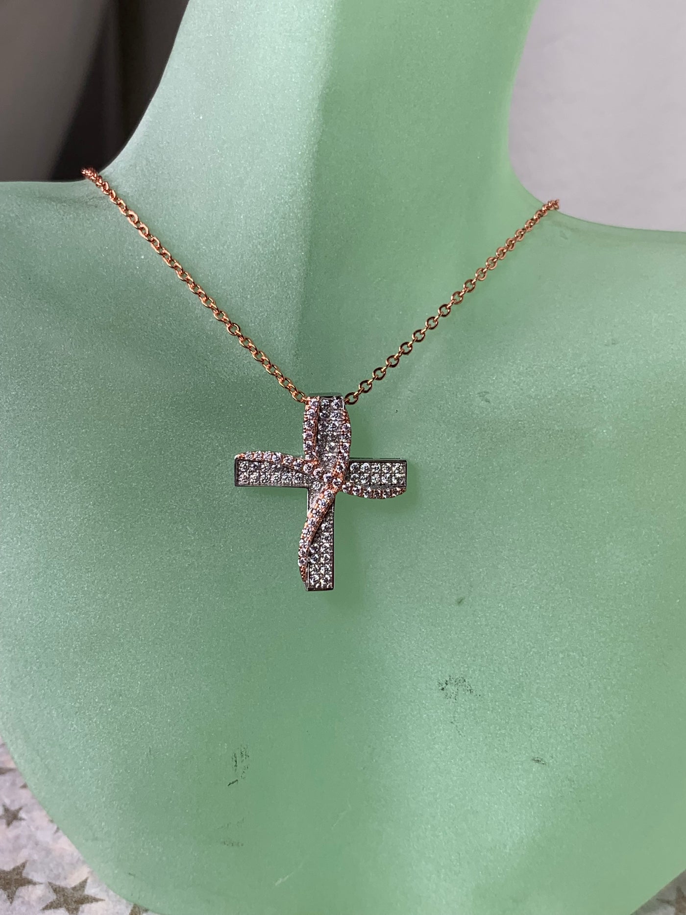 Rose Gold Tone Cross Pendant with Pave Set Cubic Zirconia