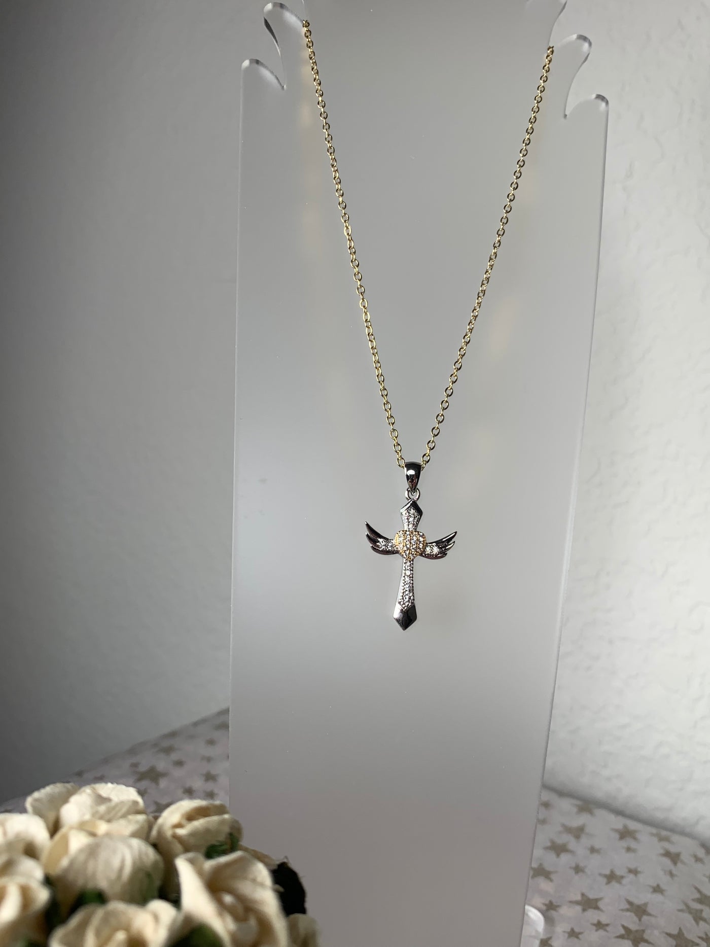 Cubic Zirconia Cross Pendant with Wings & Heart