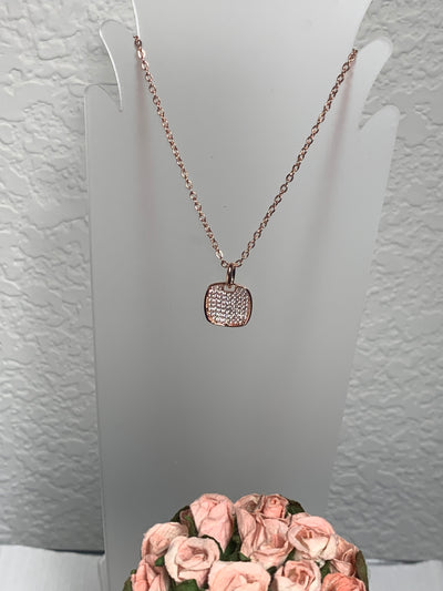 Pave Set Cubic Zirconia Square Pendant in Silver & Rose Gold Tone