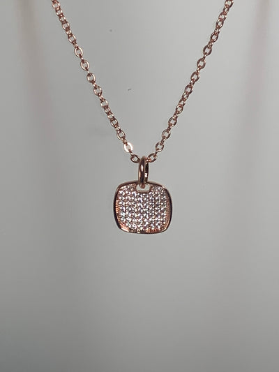 Pave Set Cubic Zirconia Square Pendant in Silver & Rose Gold Tone