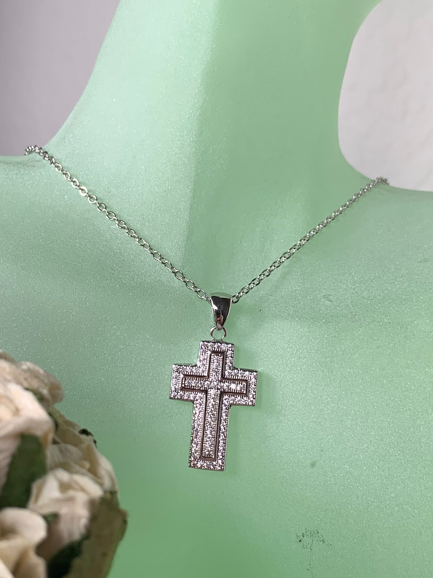 Pave Set Cubic Zirconia Cross Pendant in Silver, Yellow & Rose Gold Tone