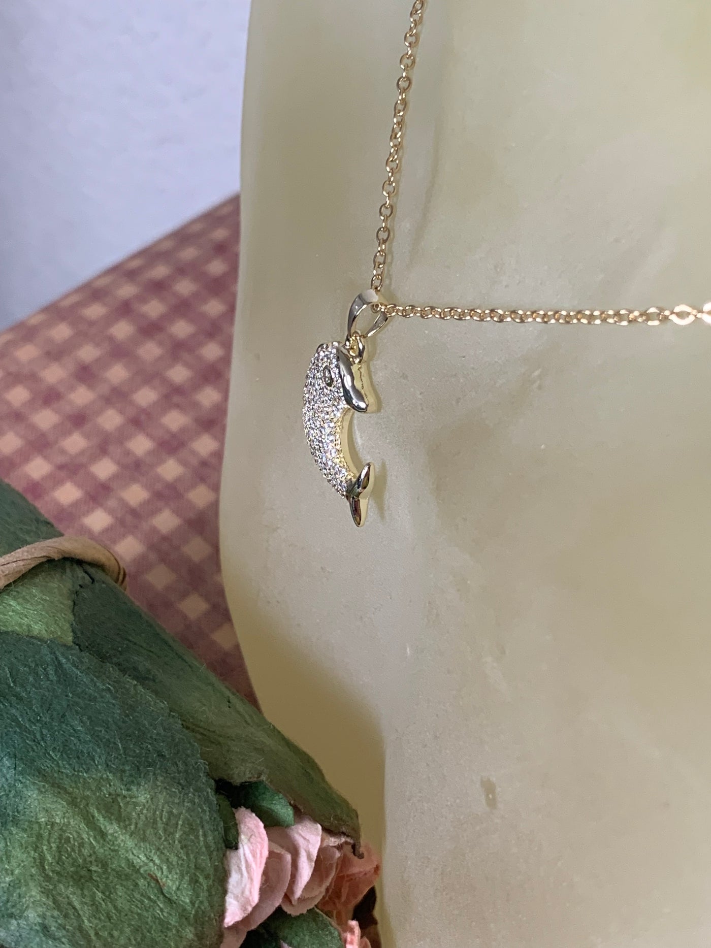 Pave Set Cubic Zirconium Dolphin Pendant in Silver, Yellow and Rose Gold Tone