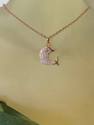 Pave Set Cubic Zirconium Dolphin Pendant in Silver, Yellow and Rose Gold Tone