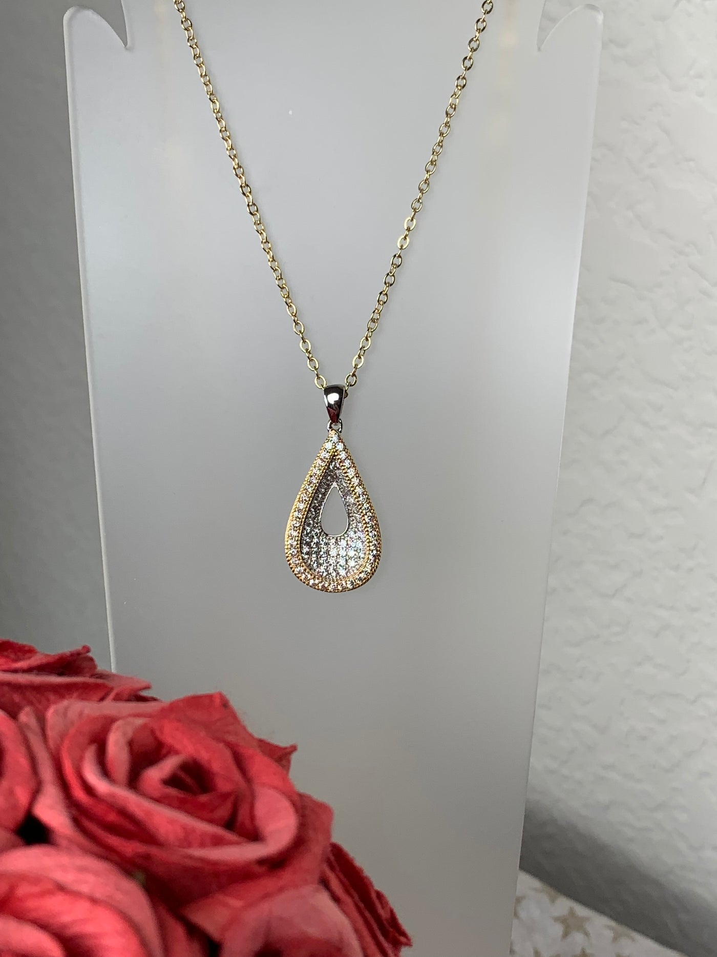 "Smaller" Cubic Zirconia CZ Cut Out Tear Shape Pendant in Silver, Yellow and Rose Gold Tone