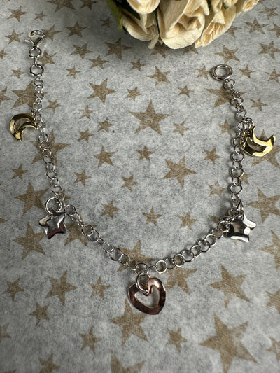 3 Tone Sterling Silver Moon Star Charm Bracelet from Italy
