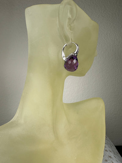 Sterling Silver and Purple Briolette CZ Drop Down Earrings